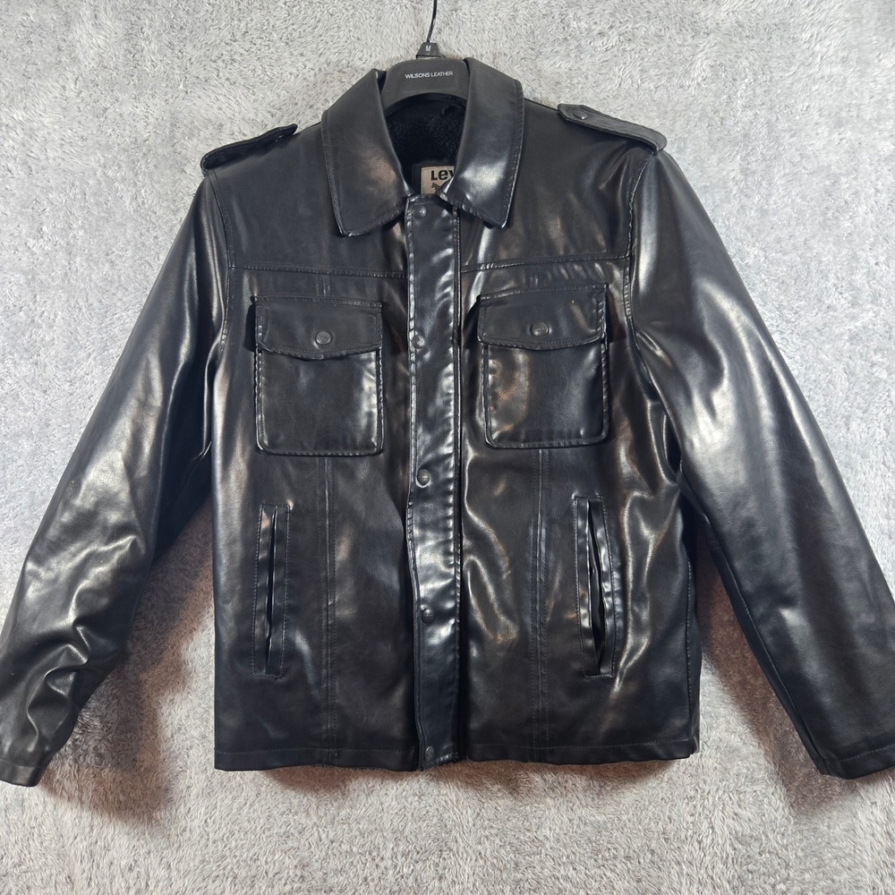 Levis Mens Faux Leather Sherpa Lined Field Jacket Black M Epaulets Trucker